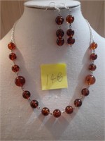 Set Necklace & Drop Earrings Amber Beads Czech
