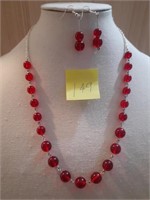 Set Necklace & Drop Earrings Ruby Red Beads Czech
