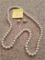 Vtg Set Pearls Necklace & Drop Earrings Japan