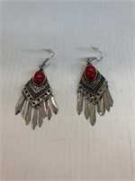 Red Stone Earrings w/silver dangles