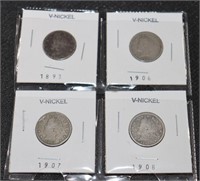 4 V-Nickels 1893, 1906, 1907, 1908