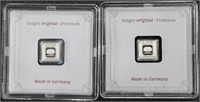 2) 1 gram Silver .999 Geiger Bars w/serial #'s