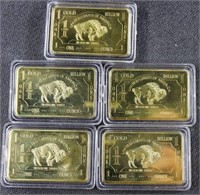 5)1 oz. Buffalo .999 Fine Gold-Plated Bullion Bars