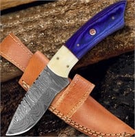 8" Handmade Damascus Knife Leather Sheath Blue