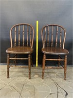 Pair Oak Curved Spindle Back Saloon Chairs