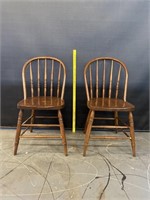 Pair Oak Curved Spindle Back Saloon Chairs