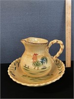 Vintage Hand Painted Home Rooster Pitcher & Bowl