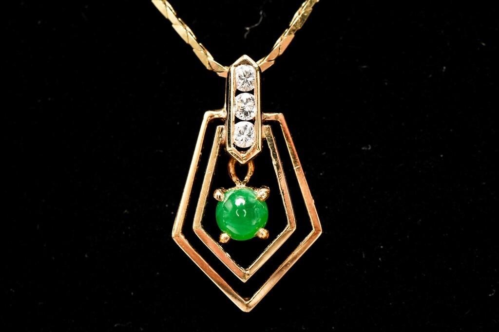 18K Gold Emerald Diamonds Pendant & 14K Necklace