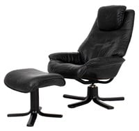 Danish Modern Black Leather Lounge Chair & Ottoman