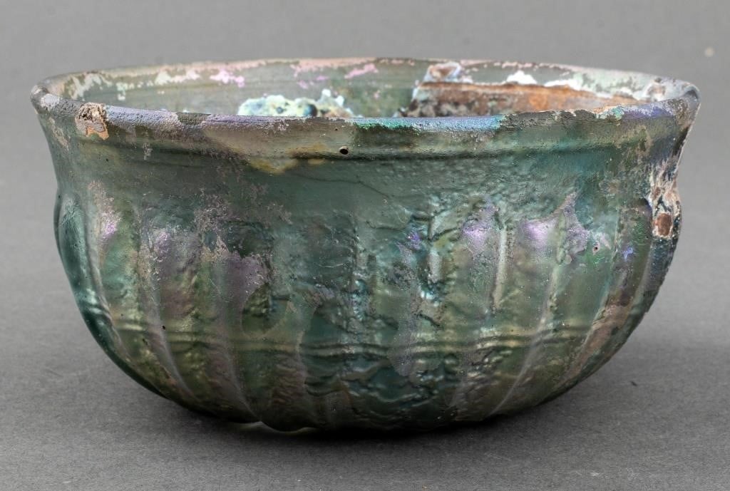 Ancient Persian or Roman Glass Ribbed Bowl