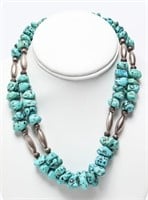 Navajo Double-Strand Silver & Turquoise Necklace