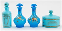 French Blue Opaline Milk Glass Bottles & Box, 4