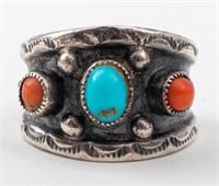 Navajo Silver, Turquoise, & Coral Ring
