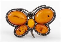 Signed A.S. Silver Amber Butterfly Brooch