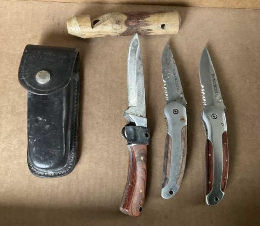 3 Winchester Pocket Knives, Wooden Whistle and