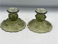 Fenton Cabbage Rose Green Glass Candle Holders