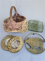 Decor Lot - Buttocks Basket, Brass Pig Trivet,