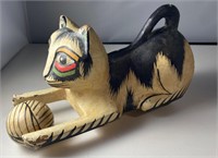 Rare Art Deco Roller Cat & Ball Hand Carved wood