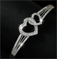 Double Silver Heart bangle bracelet faux diamonds