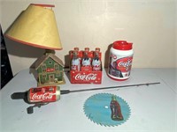 Coca-Cola Lamp, Fishing Pole, Saw Blade, Bottles