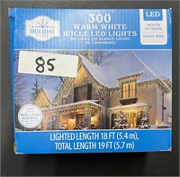 300 Warm White Icicle LED Lights, 18ft, White Wire