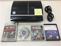 Sony PS3 gaming system with cord and games.