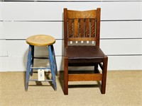 Vintage Oak Chair & Painted Stool