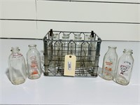 Metal Milk Crate w/Glass Quart Bottles
