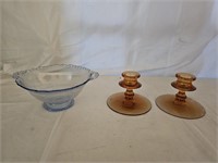 Amber Glass Candle Holders, Blue Candy Dish