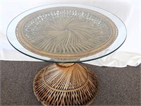 Vintage Boho Rattan Peacock Twist Glass Top Table
