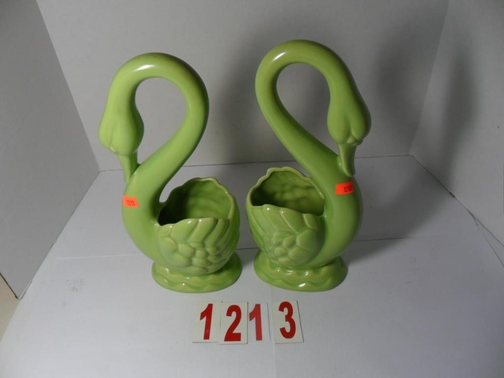 2 Green Swan Flower Pots
