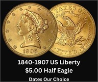 1840-1907 US Liberty Head $5.00 Gold Half Eagle