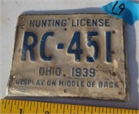 1939 Ohio hunting license, metal