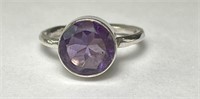 Sterling Round Faceted Cut Amethyst Ring 4G S-6.75