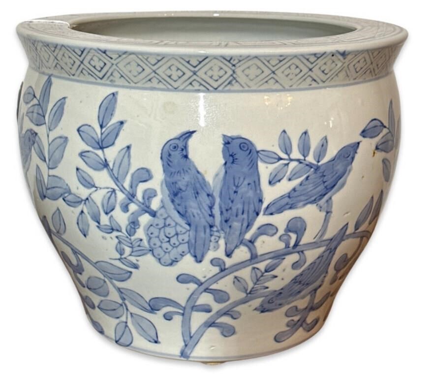 Vintage Blue & White Bird Painted Ceramic Planter