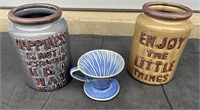 POTTERY JARS AND CUP