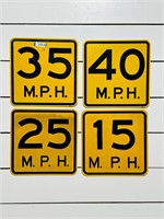 (4) Vintage Yellow Speed Limit Signs