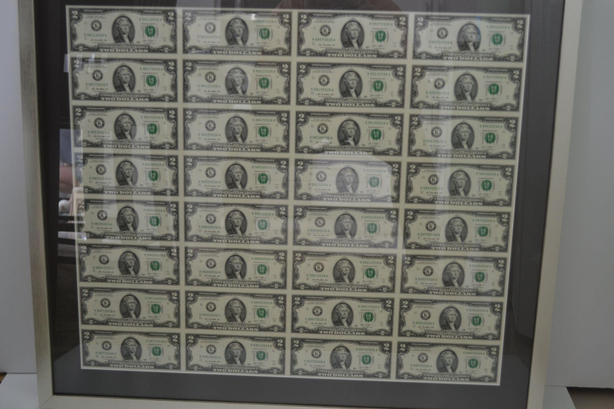 $2 --32-Note Uncut US Currency Sheet Framed