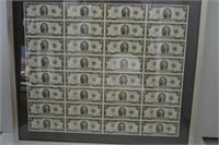 $2 --32-Note Uncut US Currency Sheet Framed