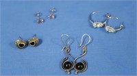 4 pr Sterling Earrings w/stones-Blue Topaz, Onyx,