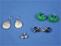 4 pr Sterling Earrings w/Stones-Diamonds, Jade,