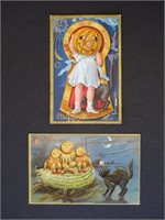 2 Vintage Halloween Pumpkin Black Cat Postcards