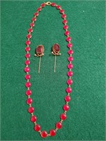 Vtg Red Bead Necklace & 2 Vtg Stick Pins