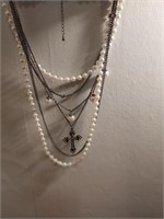 Cross Necklace w/ Black Chain w/ Pearl Strands