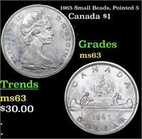 1965 Small Beads, Pointed 5 Canada Silver Dollar 1