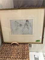 Signed pencil sketch of lady in frame