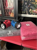 Metal box, blanket and pair of flash lights