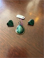Silver and jade earring and pendant set