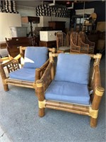 Pair of large bamboo arm chairs with cushions