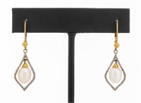 14K Yellow Gold Pearl & Diamond Drop Earrings